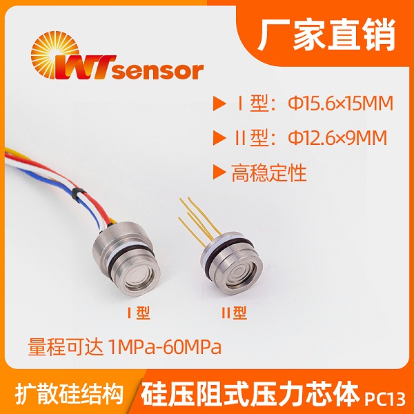 PC13 Ⅰ型：Φ12.6×15mm Ⅱ型：Φ12.6×9mm硅压阻式压力芯体