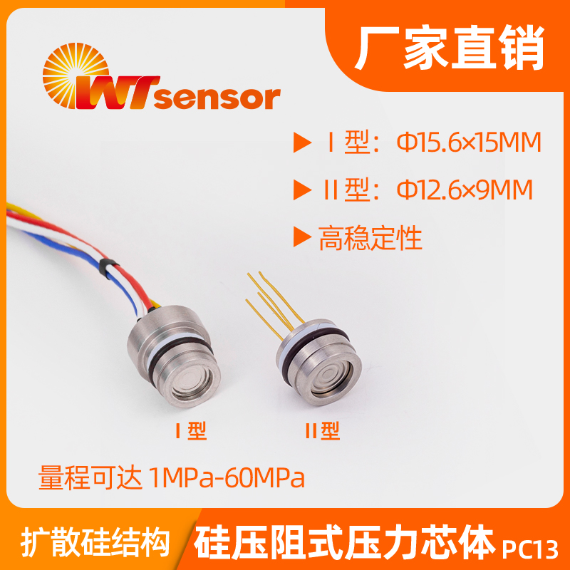 PC13 Ⅰ型：Φ12.6×15mm Ⅱ型：Φ12.6×9mm硅压阻式压力芯体